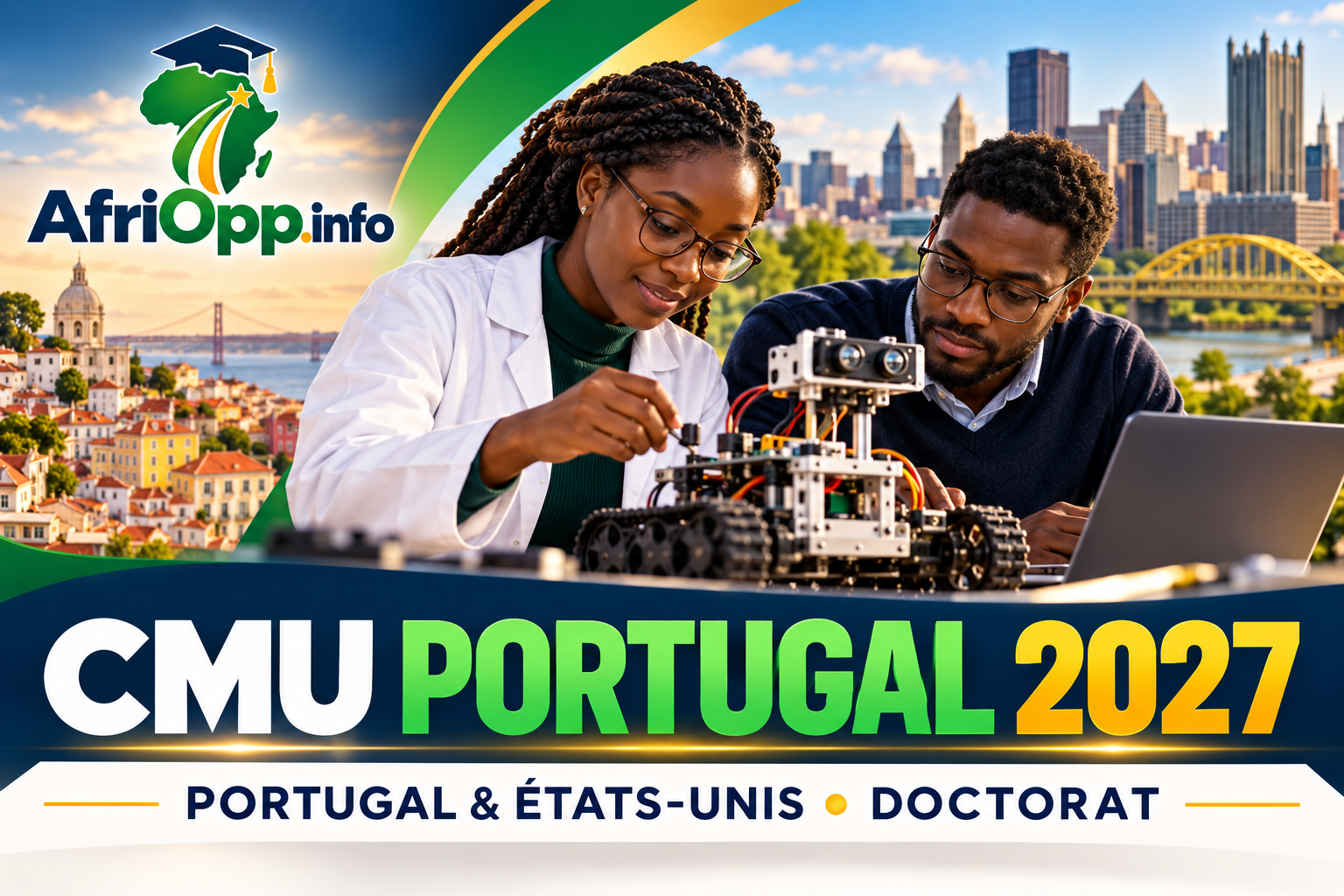 Bourses CMU Portugal 2027 : Doctorat international financé — illustration avec logo AfriOpp.info