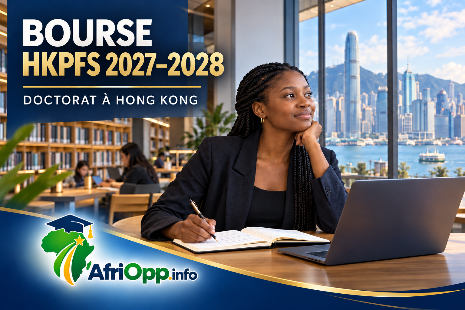 Bourse HKPFS 2027–2028 : doctorante à Hong Kong et logo AfriOpp.info