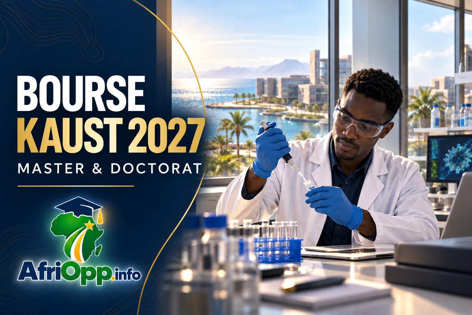 Bourse KAUST 2027 : chercheur en laboratoire, Master et Doctorat en Arabie saoudite, logo AfriOpp.info