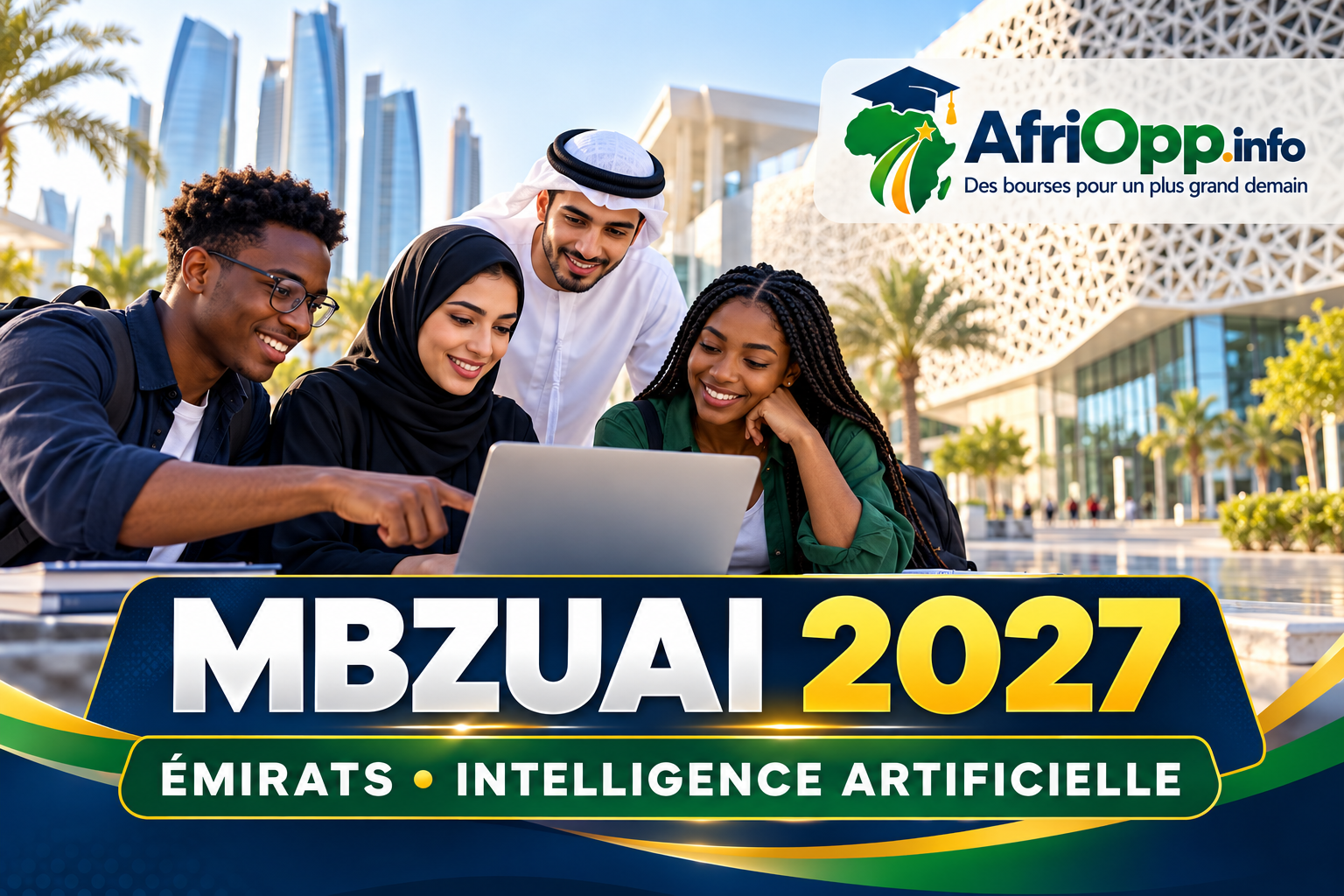 Bourses MBZUAI 2027 : Bachelor en intelligence artificielle — illustration avec logo AfriOpp.info