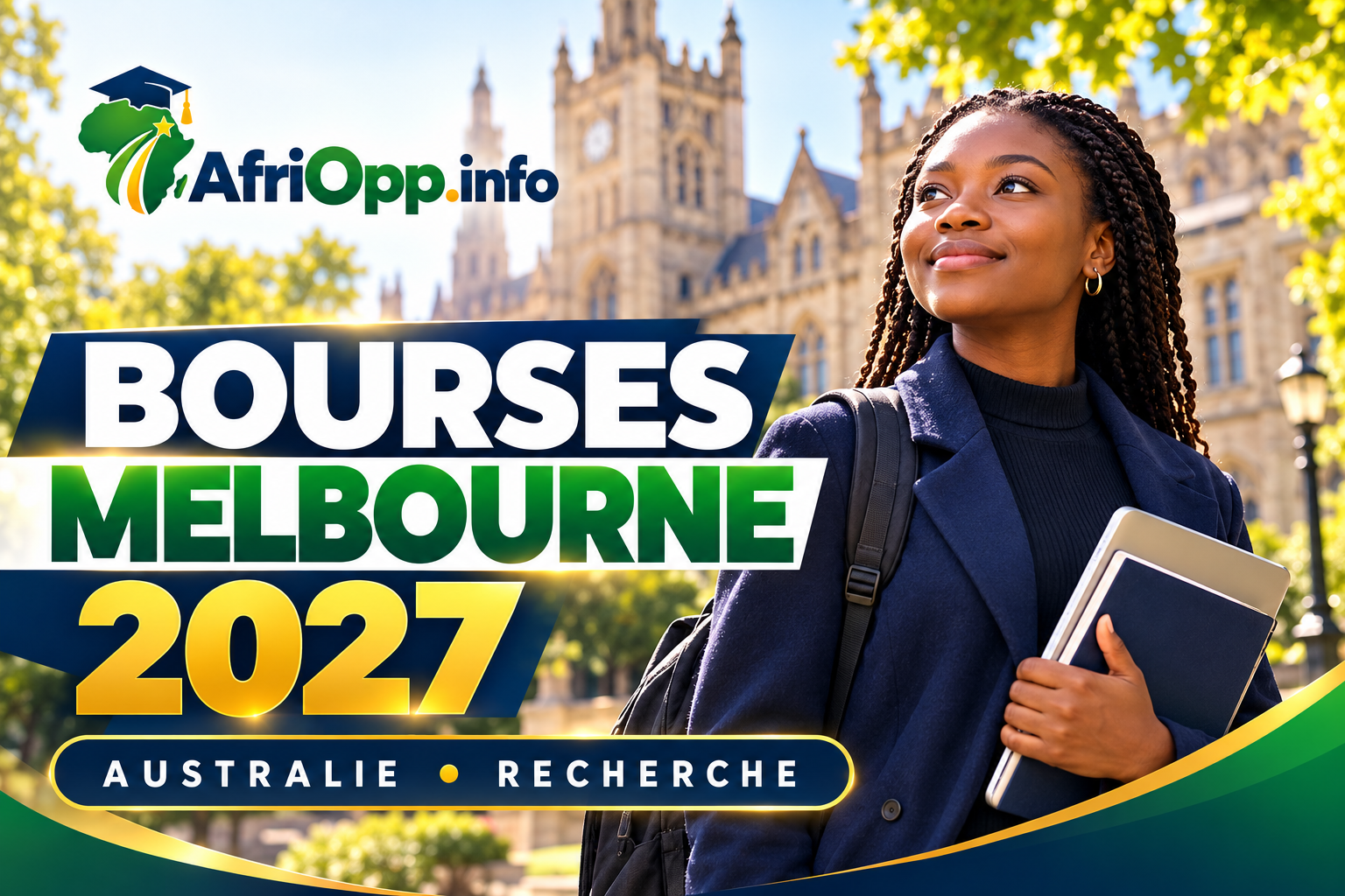 Bourses Melbourne 2027 : Master de recherche et Doctorat — illustration avec logo AfriOpp.info