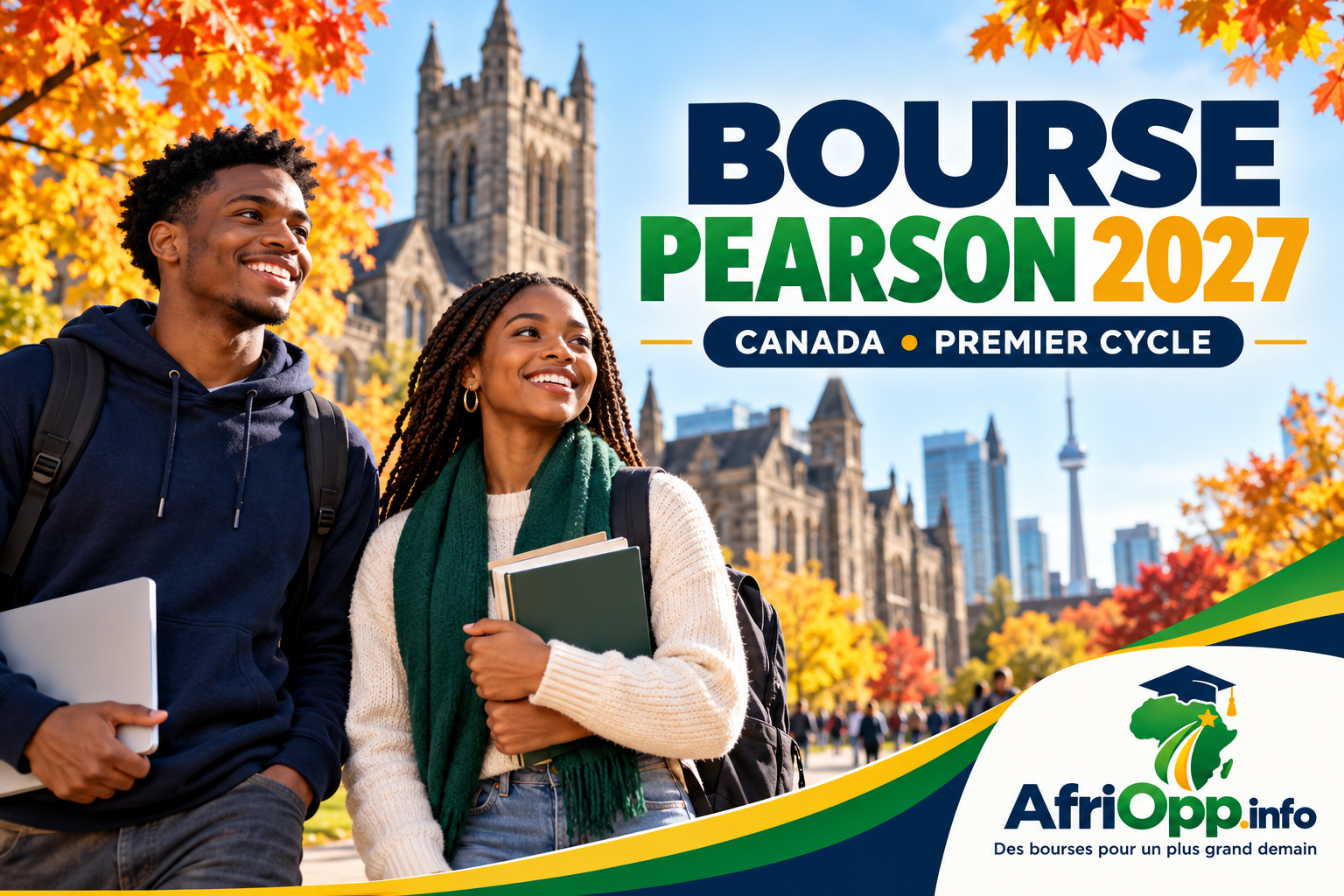 Bourse Pearson 2027 au Canada : étudiants devant un campus et logo AfriOpp.info