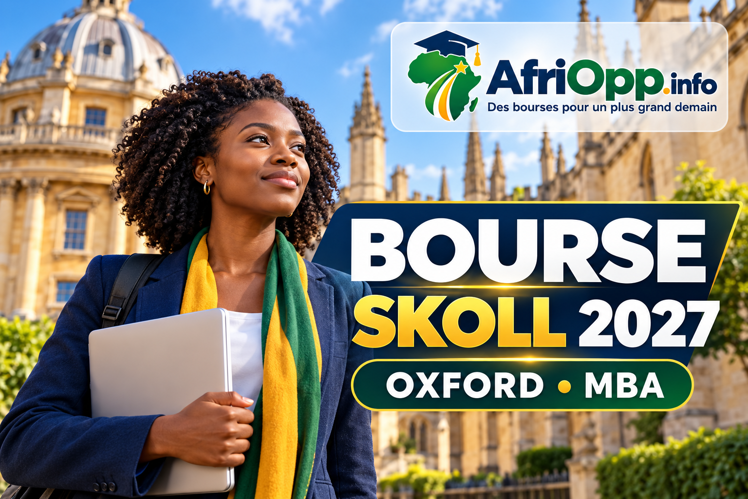 Bourse Skoll Oxford 2027 : MBA et entrepreneuriat social — illustration avec logo AfriOpp.info
