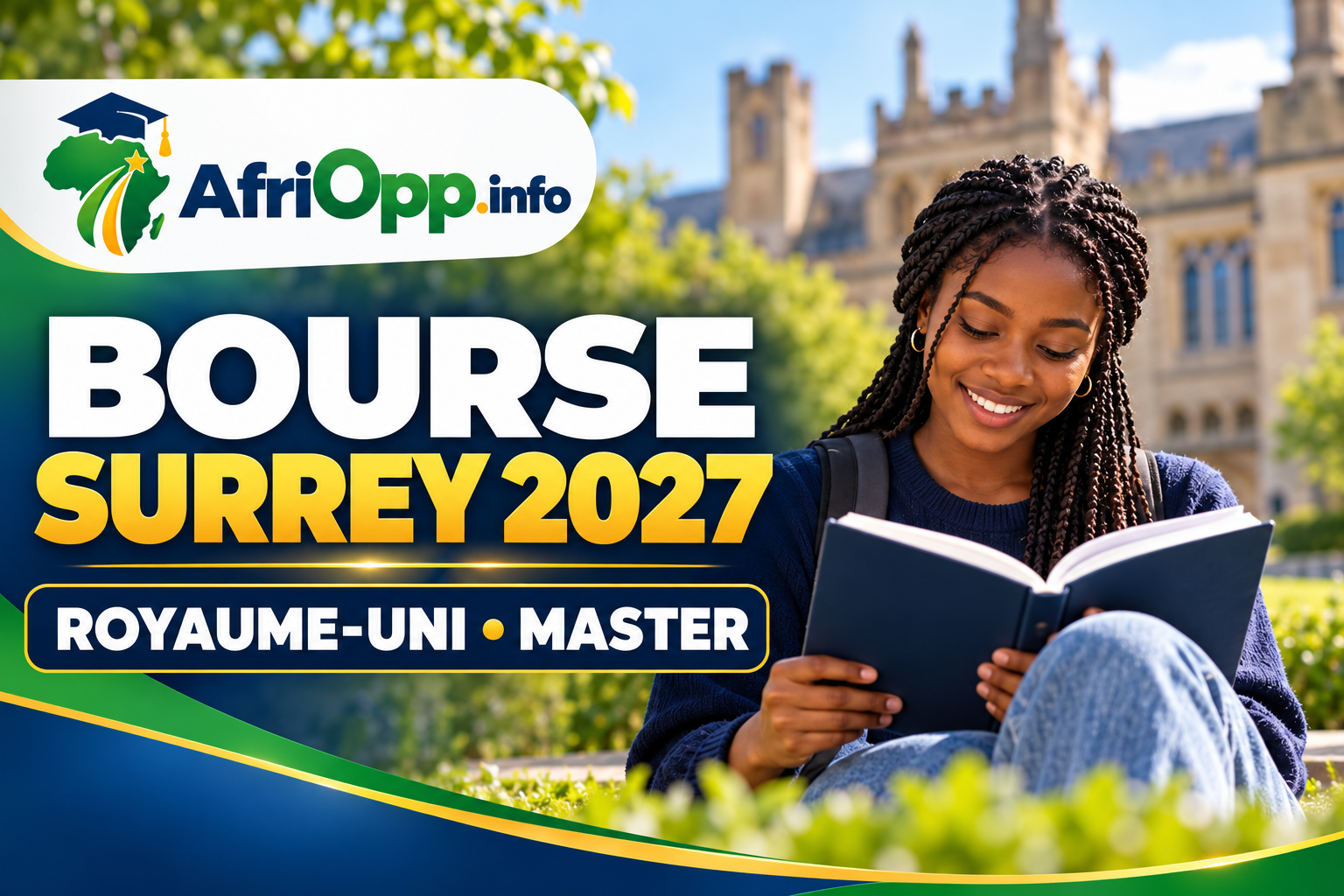 Bourse Surrey 2027 : 7 500 £ et pays africains admissibles — illustration avec logo AfriOpp.info