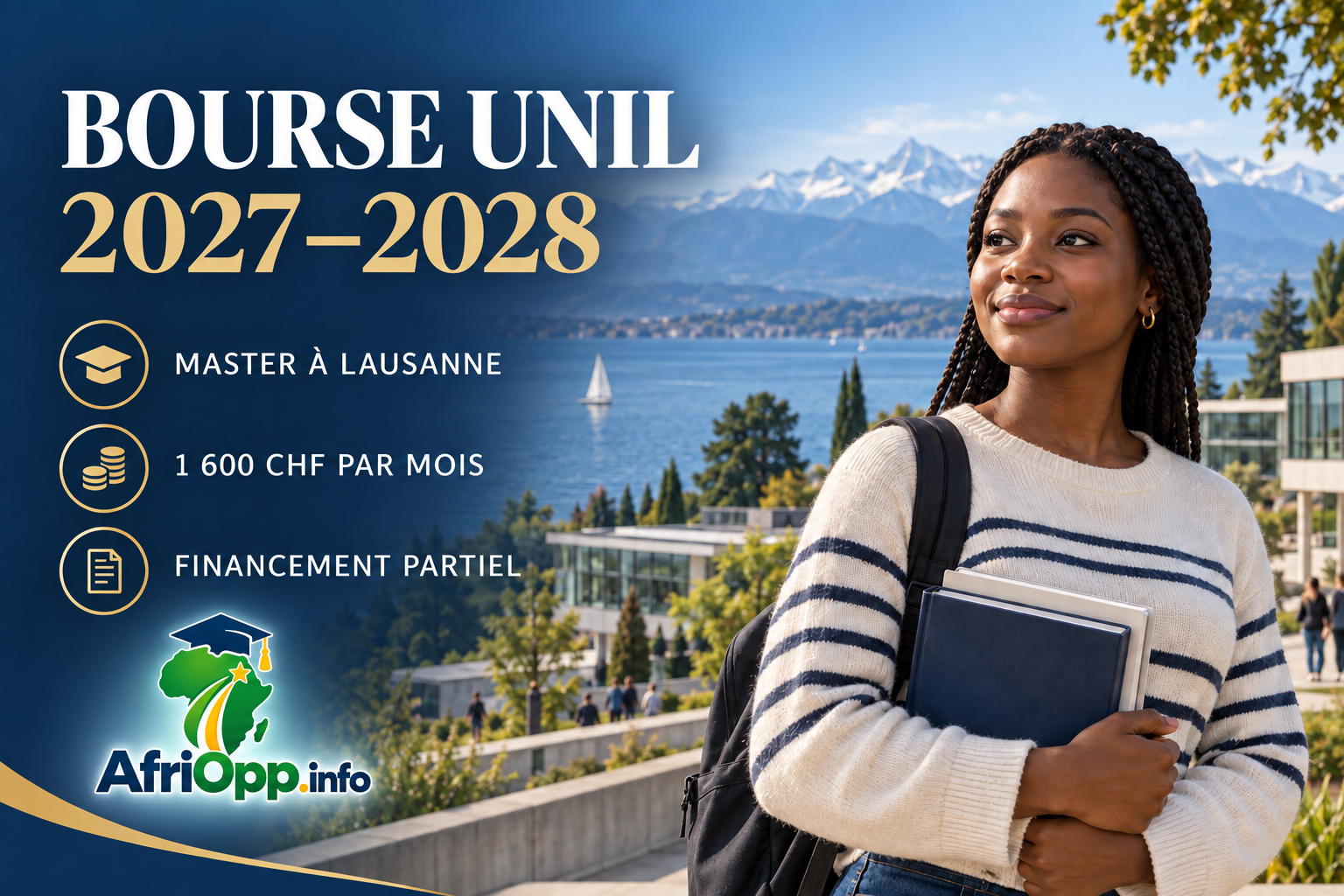 Bourse UNIL 2027–2028 : Master à Lausanne, 1 600 CHF par mois, financement partiel et logo AfriOpp.info