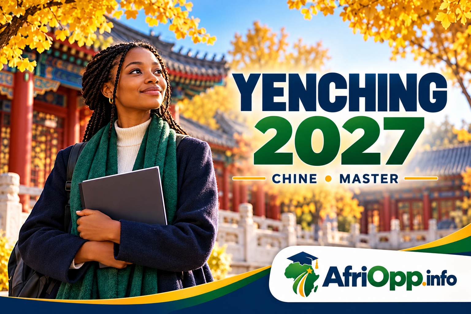 Bourse Yenching 2027 : Master financé en Chine — illustration et logo AfriOpp.info