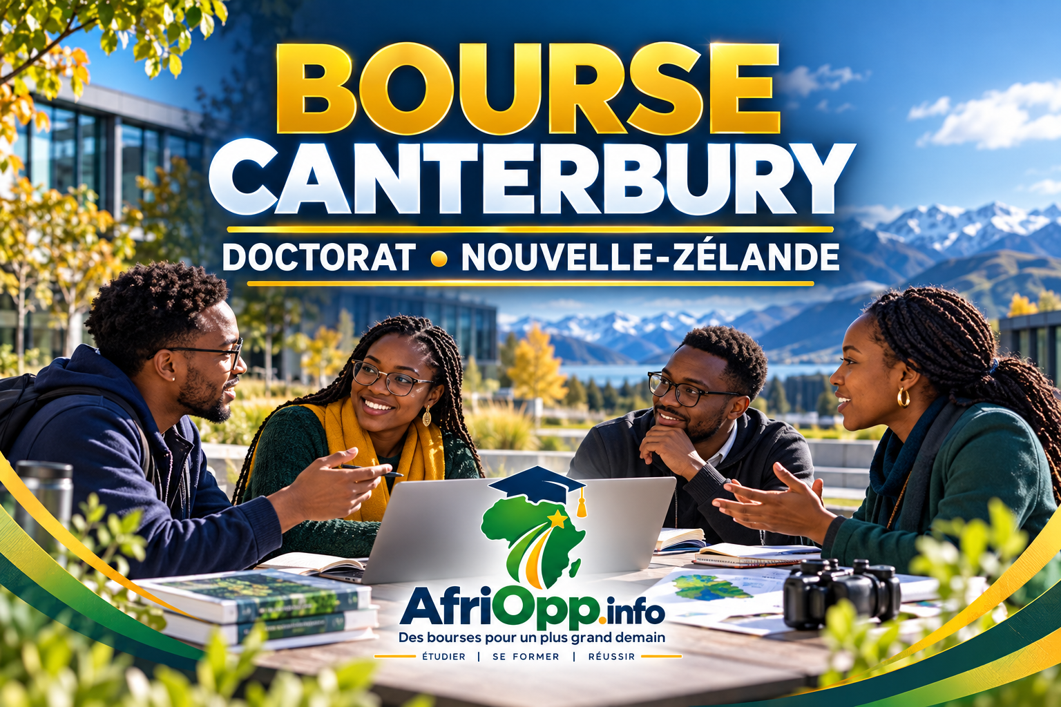 Bourse Canterbury 2027 : étudiants et paysage de Nouvelle-Zélande, visuel AfriOpp.info