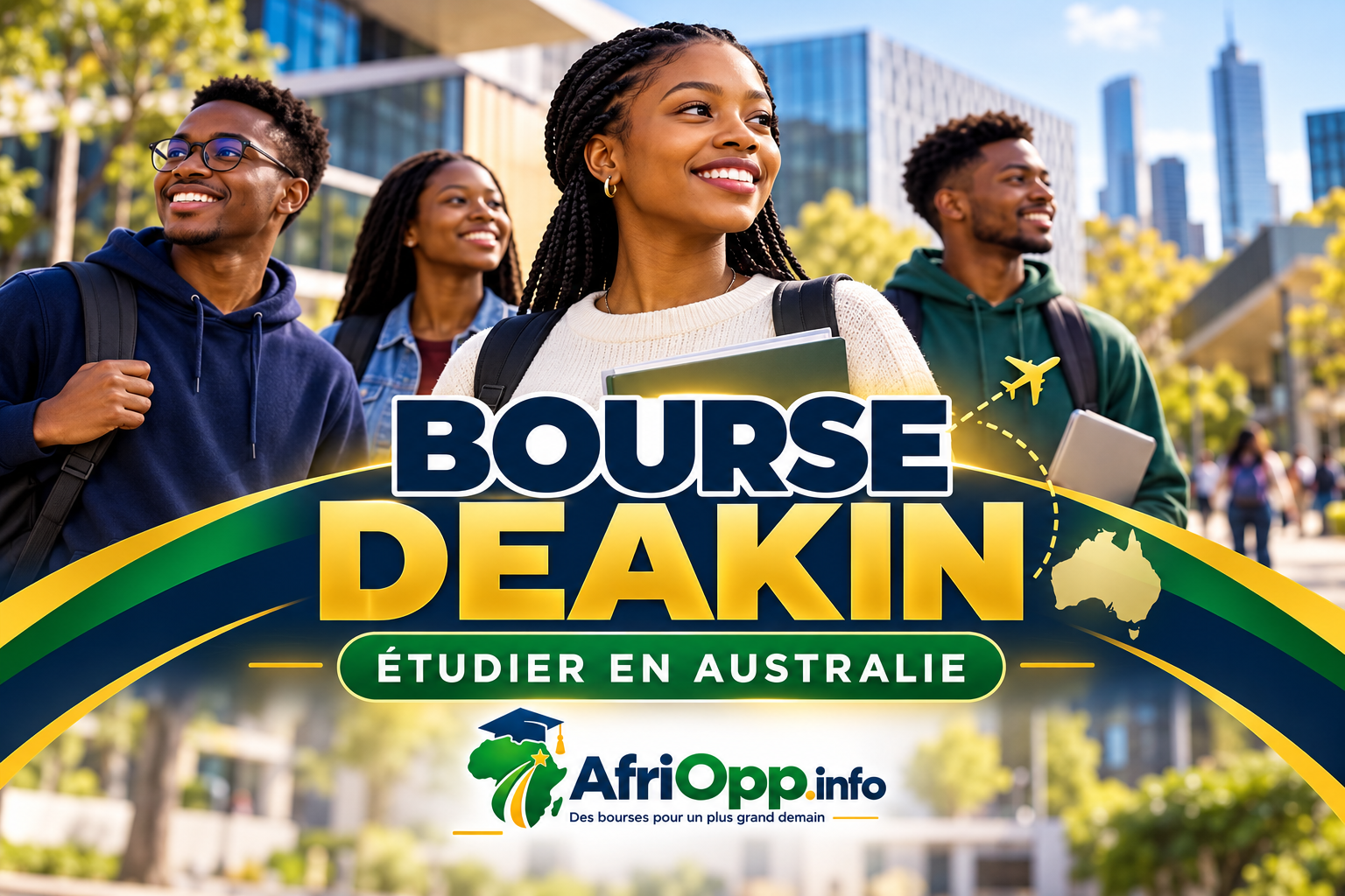 Bourse Deakin 2027 : étudiants sur un campus australien, illustration AfriOpp.info