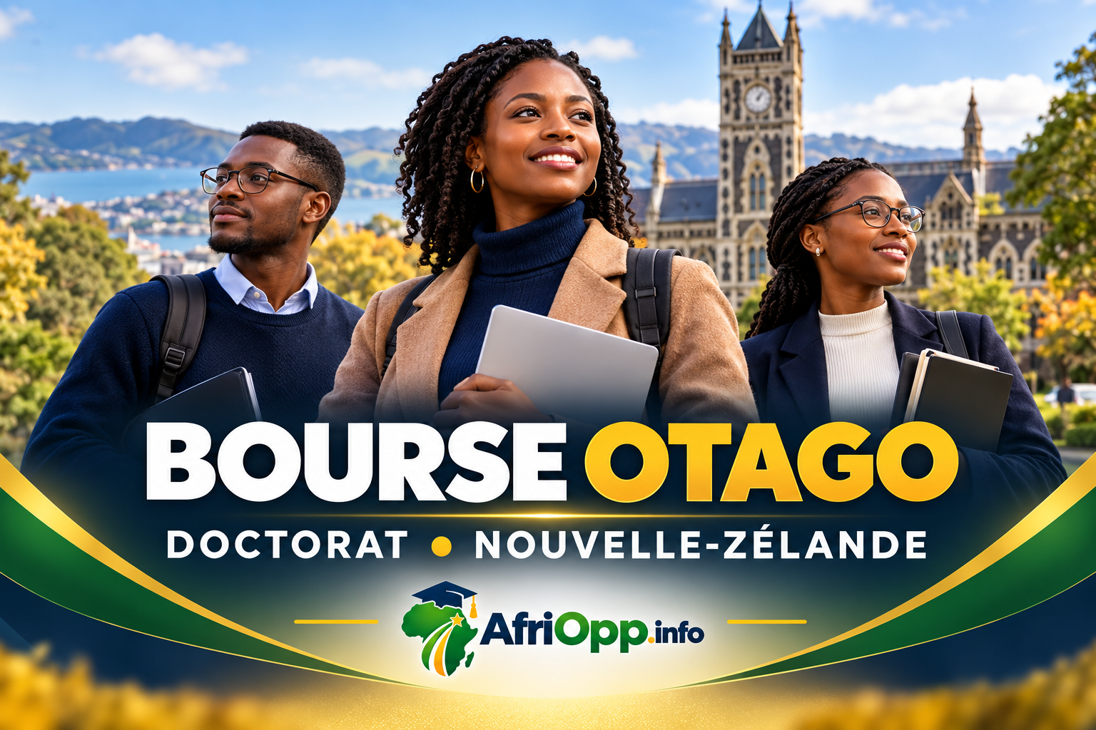 Bourse Otago 2027 : préparer un doctorat en Nouvelle-Zélande — illustration AfriOpp.info