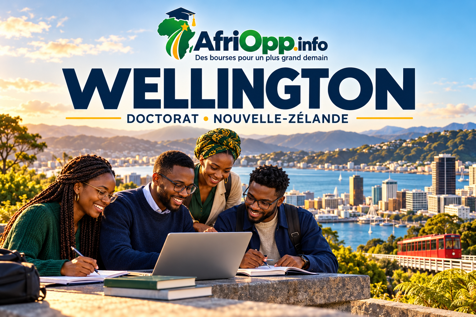 Bourse Wellington 2027 : étudiants et port de Wellington, visuel AfriOpp.info