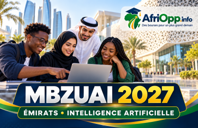 Bourses MBZUAI 2027 : Bachelor en intelligence artificielle — illustration avec logo AfriOpp.info