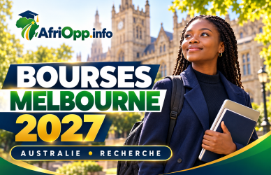 Bourses Melbourne 2027 : Master de recherche et Doctorat — illustration avec logo AfriOpp.info