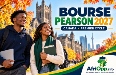 Bourse Pearson 2027 au Canada : étudiants devant un campus et logo AfriOpp.info