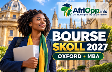 Bourse Skoll Oxford 2027 : MBA et entrepreneuriat social — illustration avec logo AfriOpp.info