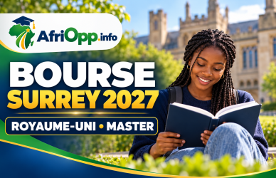 Bourse Surrey 2027 : 7 500 £ et pays africains admissibles — illustration avec logo AfriOpp.info