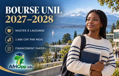 Bourse UNIL 2027–2028 : Master à Lausanne, 1 600 CHF par mois, financement partiel et logo AfriOpp.info