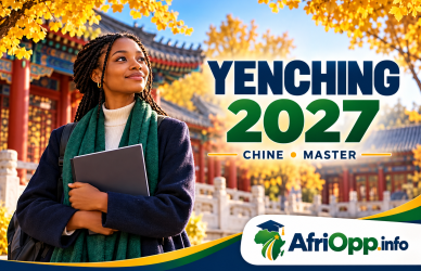 Bourse Yenching 2027 : Master financé en Chine — illustration et logo AfriOpp.info